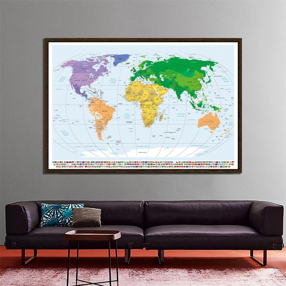 150x225cm The World Political Map with National Flags Mercator Projection Non-woven Canvas Painting Wall Art Poster Home Decor