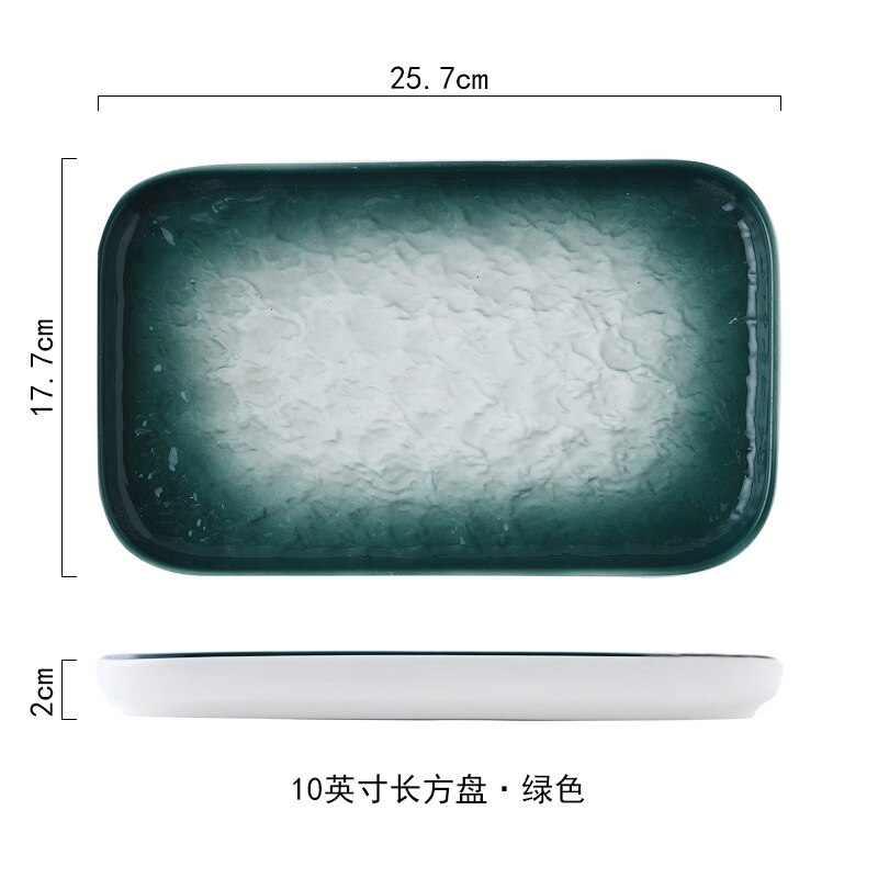 Ceramic household tableware high temperature glaze underhand color 10 inch rectangular plate simple plate unevenness fa: Green