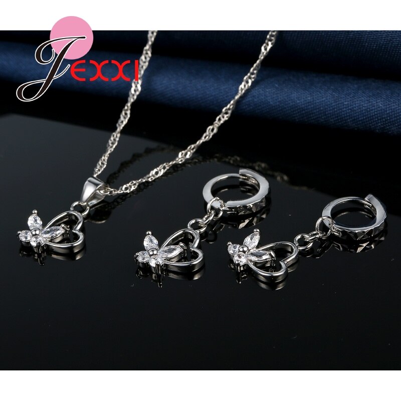 925 Sterling Zilveren Sieraden Set Cz Crystal Liefde Hart Mooie Vlinder Hanger Ketting & Earring Wedding Party Decoratie