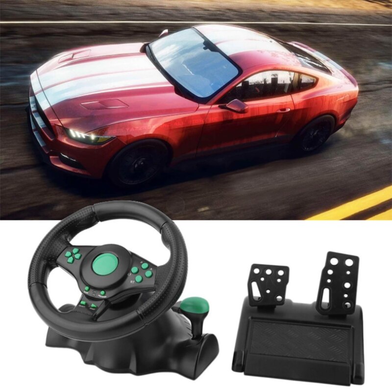 Gaming Steering Wheel with Pedals 180 Degree Rotation Vibration USB PC Steering Wheel Compatible with XB360/PS3/PS2/PC K1KF