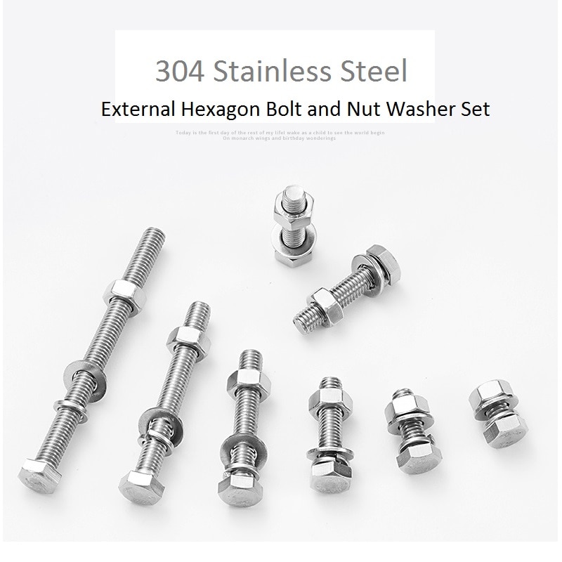 Conjunto M4 M4 Parafuso Sextavado de Aço Inoxidável 304X8 10 12 14 16 18 20 25 30 35 40 45 50 60mm de Comprimento Conjunto Parafuso Sextavado com Porca e Arruelas