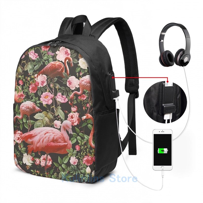 Rucksack mit lustigem grafikprint, blumen- und flamingomuster, usb-ladefunktion, herren-schulrucksack, damen-reiserucksack, laptoptasche: Usb-rucksack 17 in