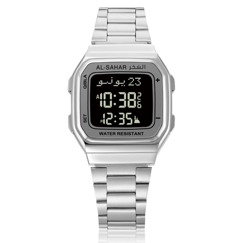 AL-SAHAR Klassiek Azan-horloge met automatische Qibla-achtergrondverlichting Hijri-kalender Meertalig moslimpolshorloge Islamitisch uurwerk: Rose