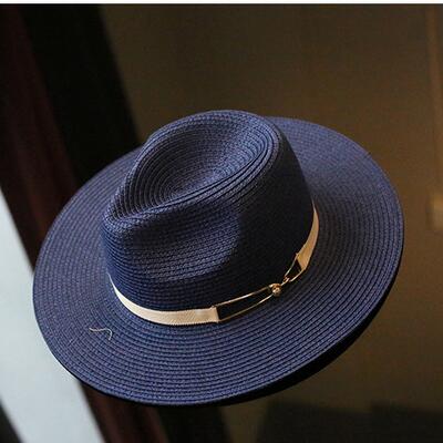Sommer sol hat damer bred rand metal bælte halm hatte panama cap kvinder ensfarvet hat: Marine blå