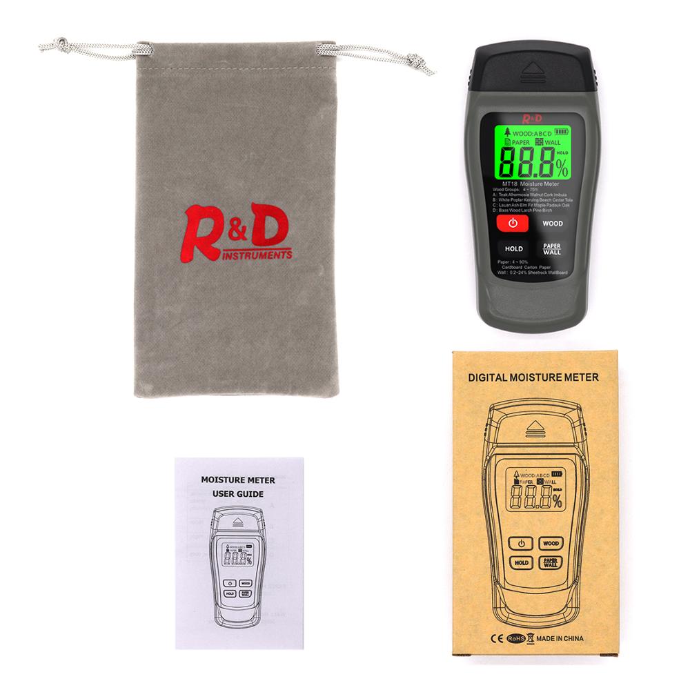 Medidor de humedad de madera, higrómetro de pared de papel, Detector de humedad de madera, probador de densidad de árbol gris, MT-18 R &amp; D,