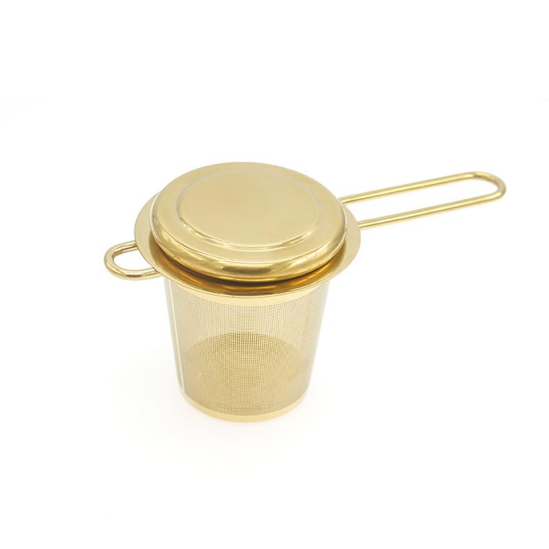 Riktigt rostfritt tefilter vikbart med lock tesil tefilter teinfusers kökstillbehör: Guld-