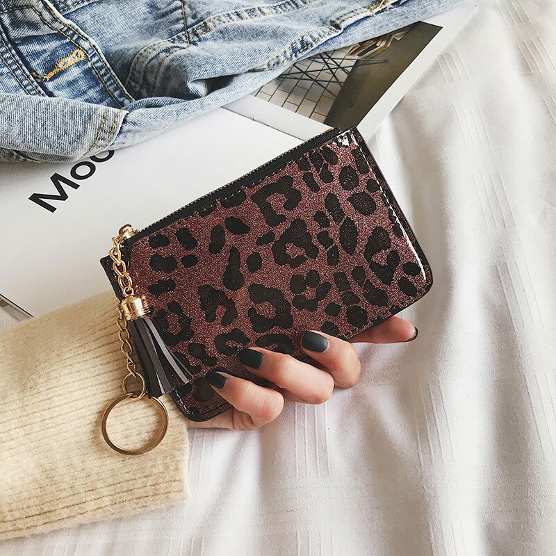 Leopard læder kvinders tegnebøger pu lynlås pung damer tegnebog kobling multi card taske: Brun