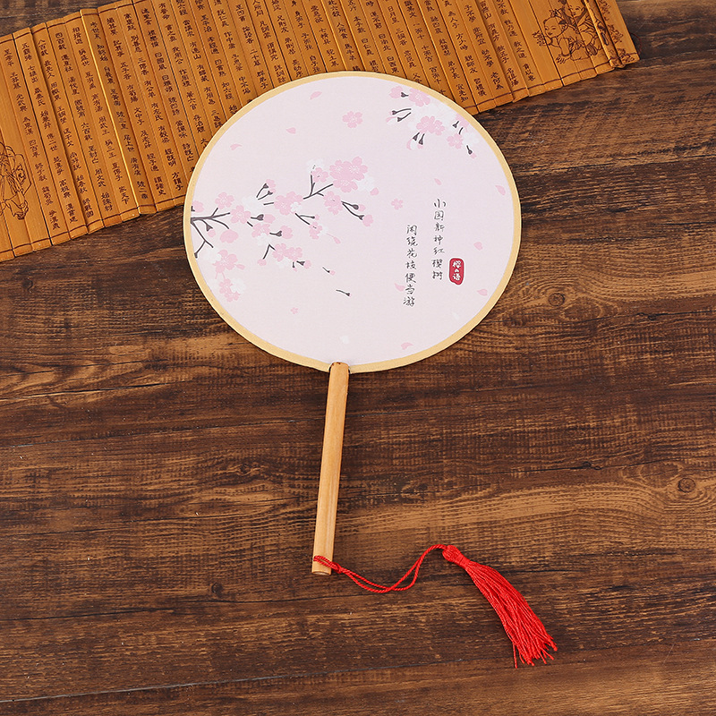 Vintage Round Fan Long Handle Tassel Dancing Hanfu Circular Fan Ancient Chinese Style Classical Printed Court Round Fan Wedding: 15