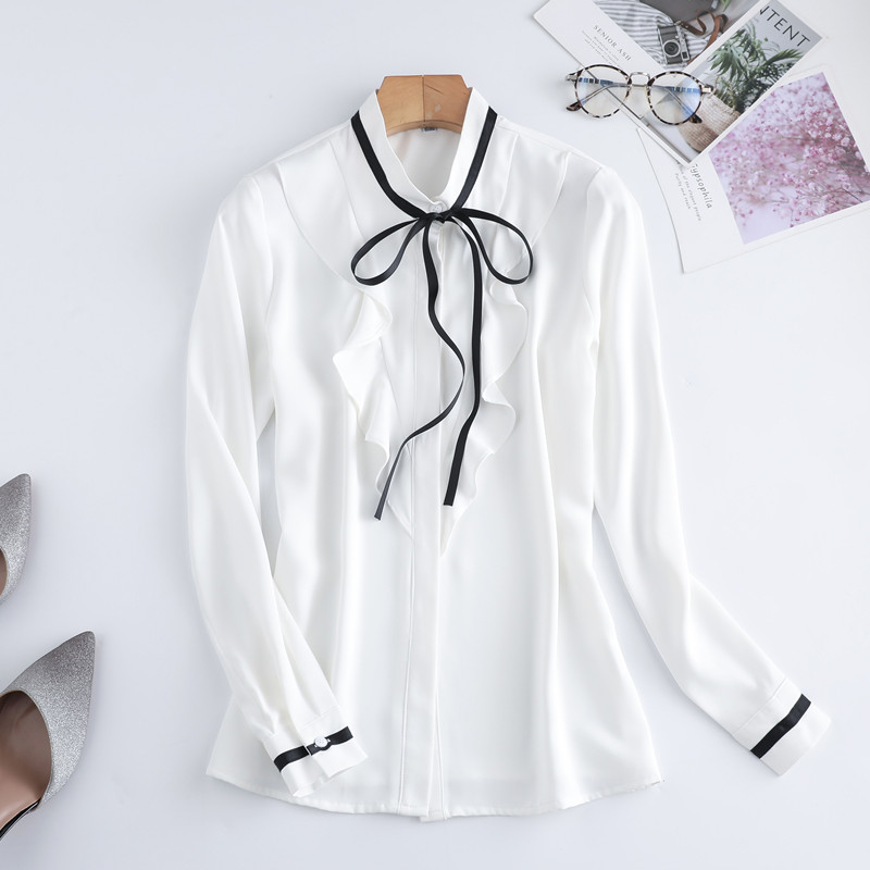 Light Blue Shirt Women Autumn Retro Long Sleeve Stand Collar Ruffles Chiffon Blouses Office Ladies Work Tops