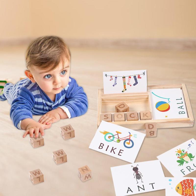 Træ baby læring kognitiv bogstav stavning engelsk alfabet kortspil puslespil tidligt pædagogisk legetøj