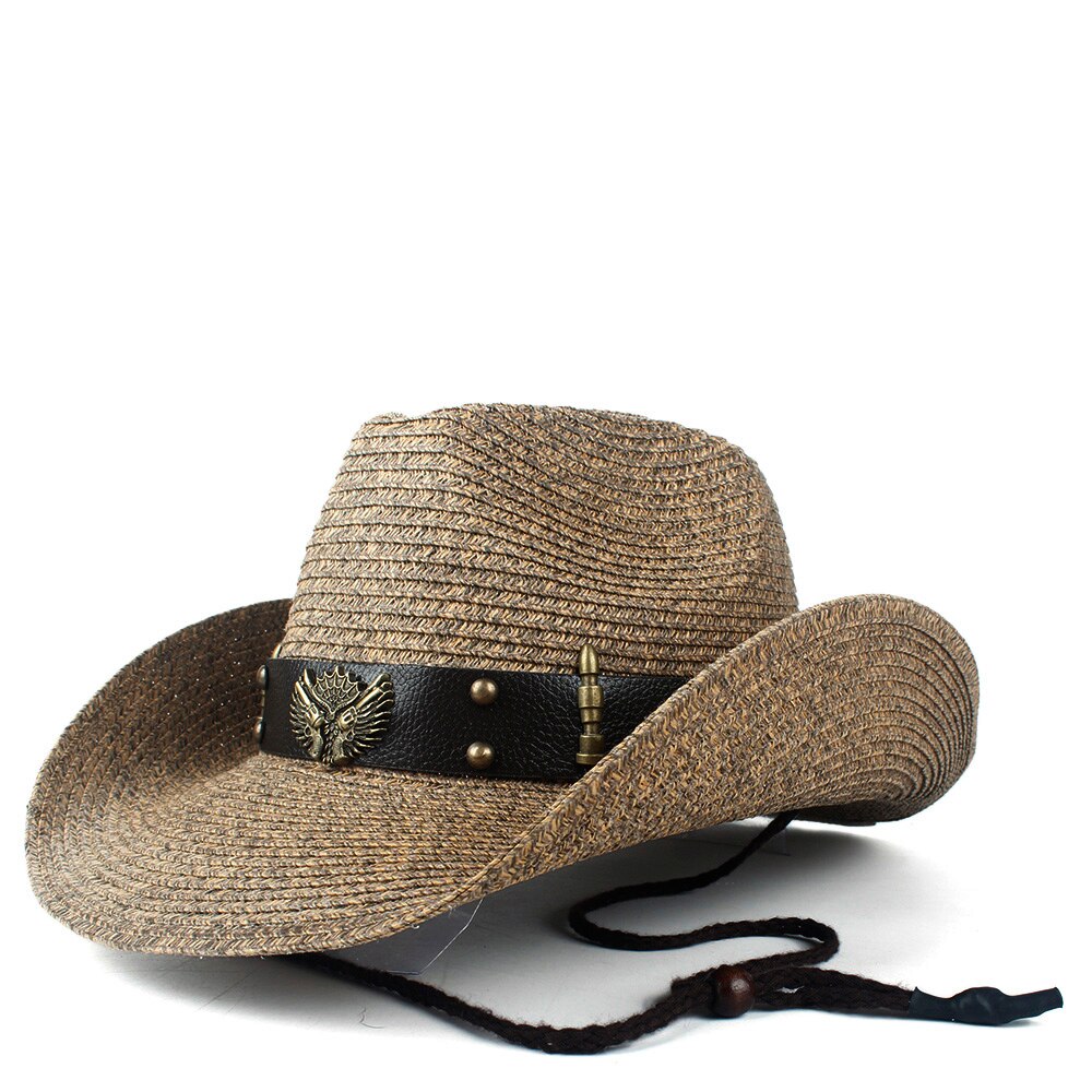 Dames heren holle strand sombrero man western cowboyhoed dame vader stro panama cowgirl jazz zonnepet maat 56-58cm: Koffie 4