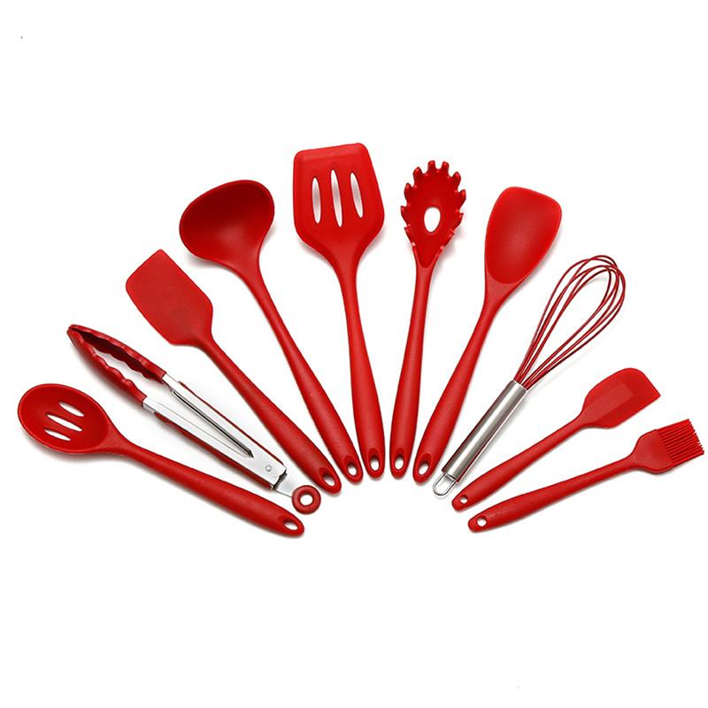 Ustensile de cuisine rouge Silicone Premium ustensile en acier inoxydable résistant à la chaleur antiadhésif sûr ustensiles de cuisine maison outil fournitures de cuisine
