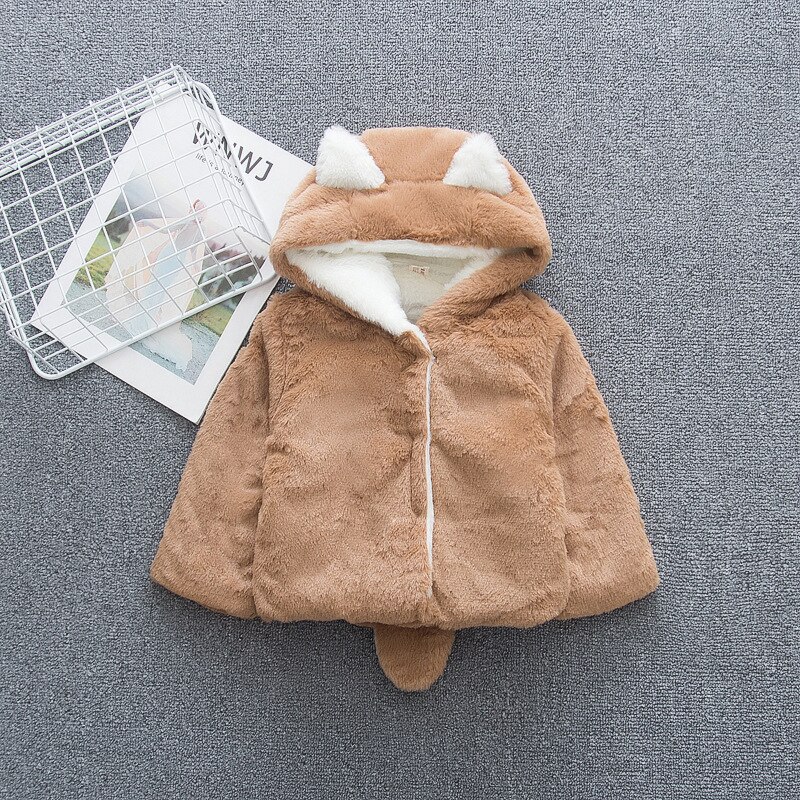 Herfst Winter Baby Jongen Meisje Jas Solid Leuke Oor Capuchon Pluche Warm Uitloper Unisex Kids Baby Kleding