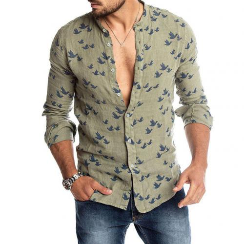 Camisa de manga larga con botones y estampado de Paloma para hombre, ropa informal ajustada de lino, primavera y otoño: Verde / M