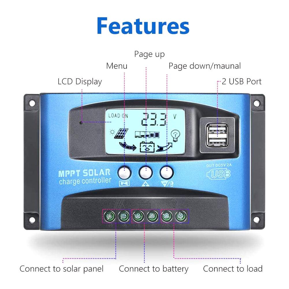 MPPT Dual Usb MPPT Solar Controller Home LCD Display Boat Solar Controller Reverse Connection Protection 12/24v