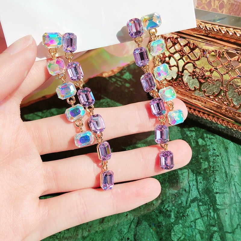 MENGJIQIAO Korean TV Star Purple Sqaure Crystal Tassel Earrings For Women Boucle doreille Jewelry