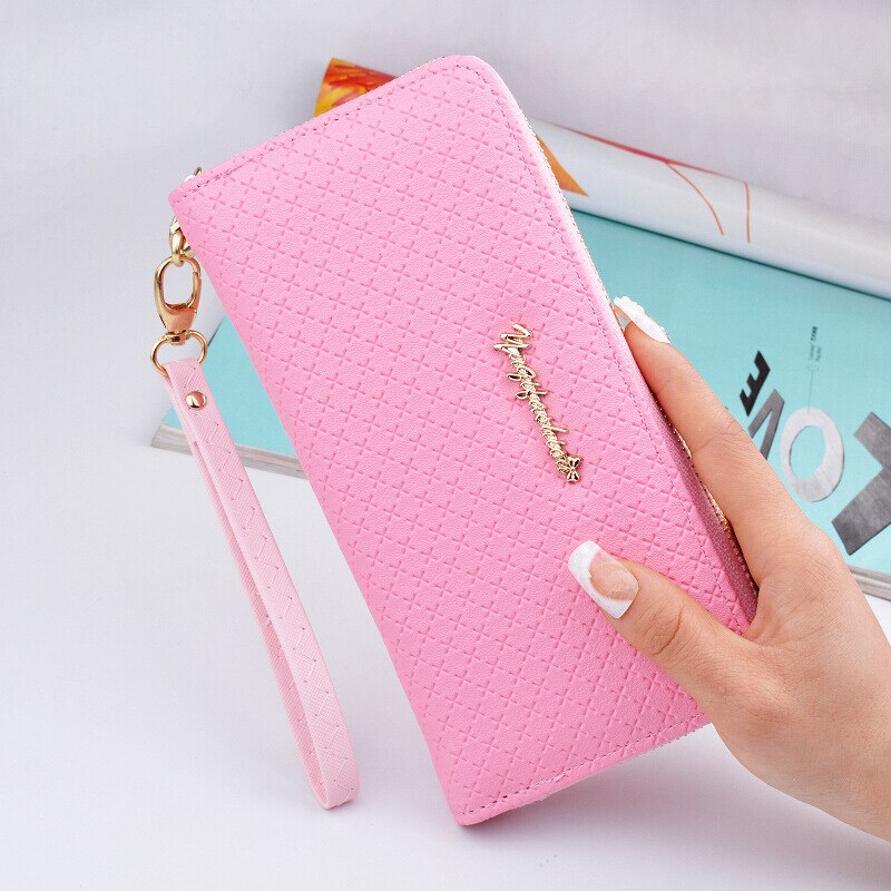 Ladies Zipper Purse Large Capacity Practical Hand Wallet Woman PU Leather Female Long Section Wallet: Pink