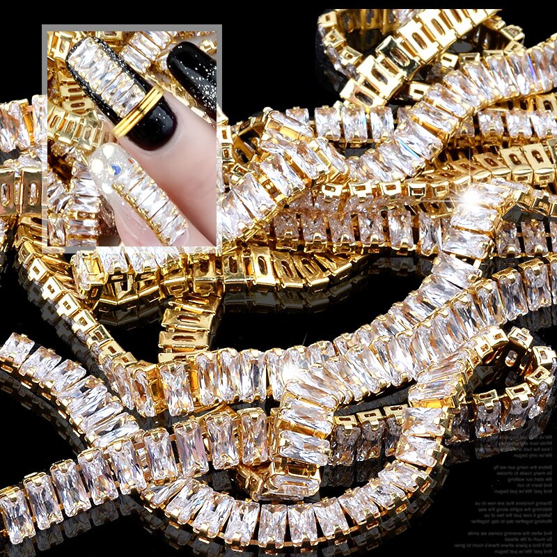 1 Pack Gold Shiny Nail Steentjes Zirkoon Steen 3D Punk Metalen Kettingen Luxe Diamond Glitter Decoratie Diy Nail Art Decoraties