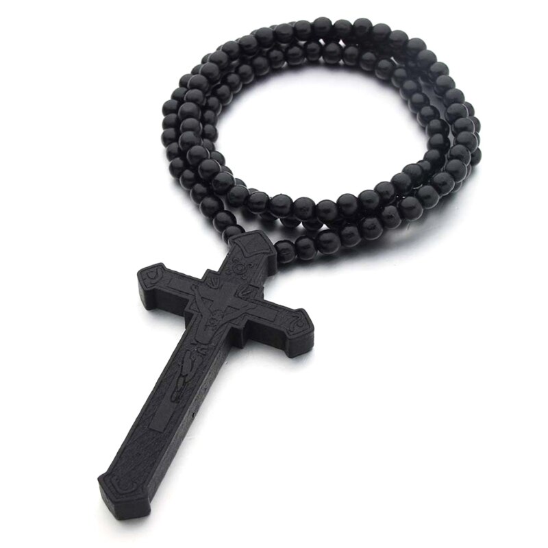 Retro rosenkrans pärlor halsband för kvinnor kors jesus hänge religiösa kristna smycken berlock: Svart trä