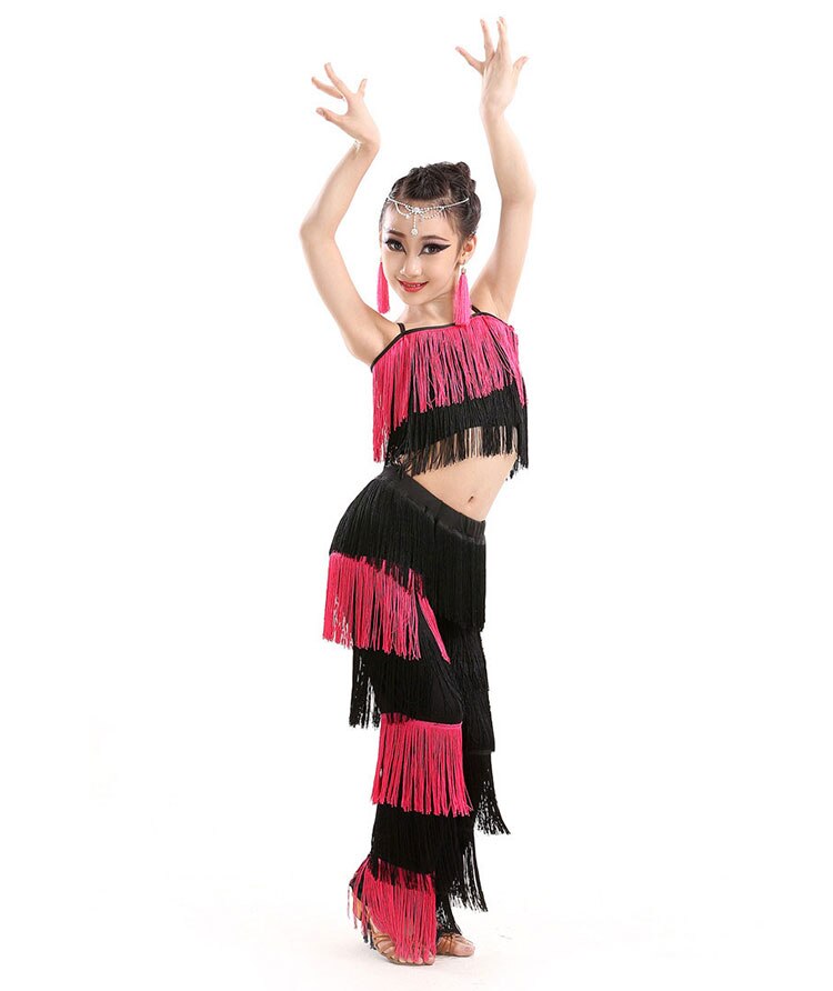 Children Bachata Latin Dance Costumes Girls Ballroom Tango Salsa Latin Dance Competition Costume Fringe Pants Tops