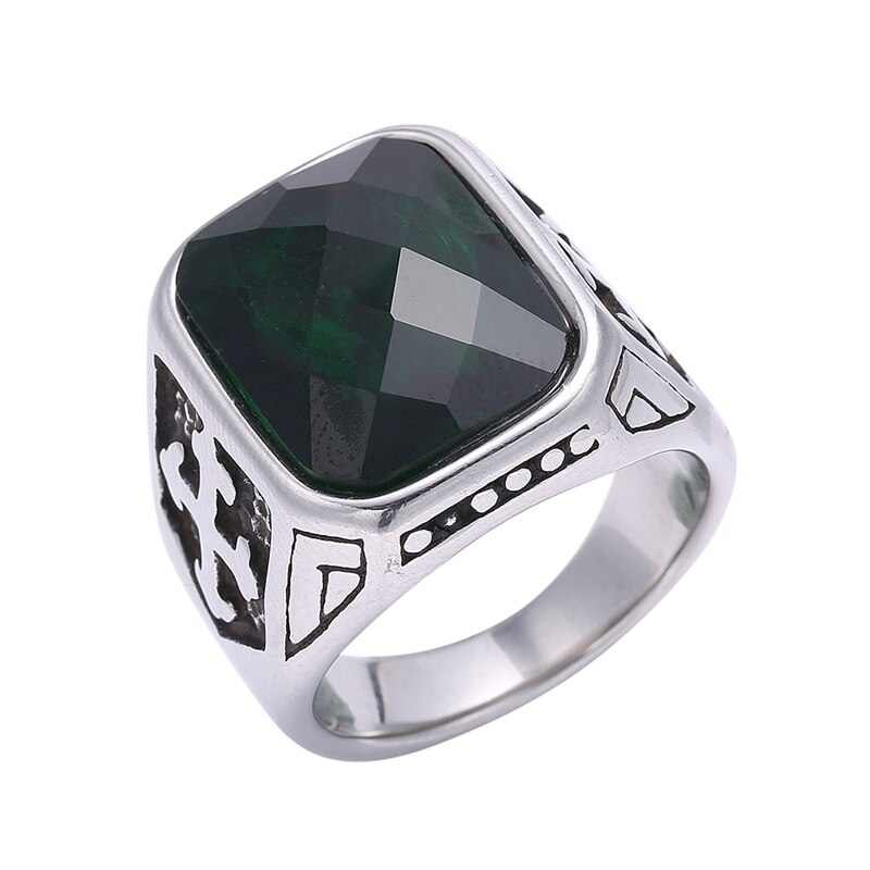 Retro Cross Pattern Green Zircon Stainless Steel Male Ring Charm Men's Accessories Jewelry Anniversary Party JZ0007