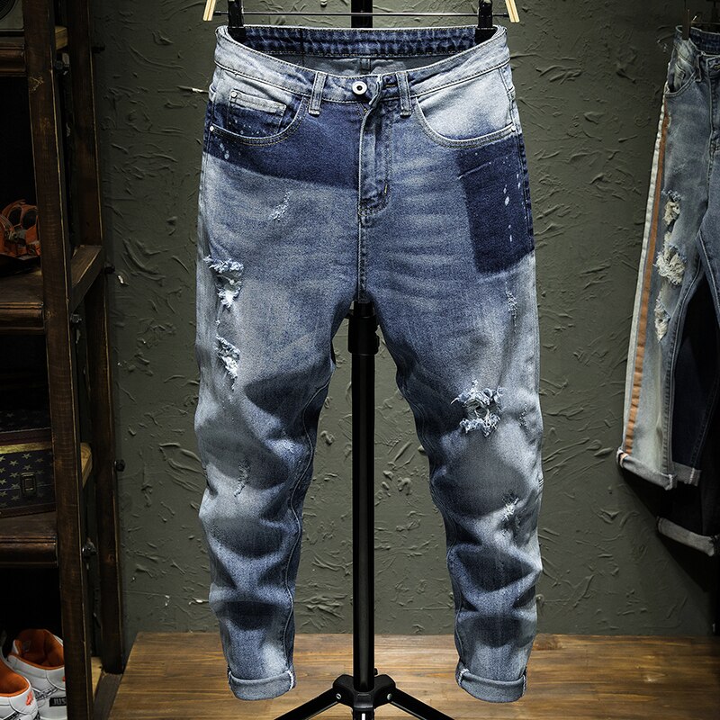 Klassiske mænds skinny stretch denim jeans bukser vasket lyseblå med revet huller patch bukser slanke joggers jeans homme