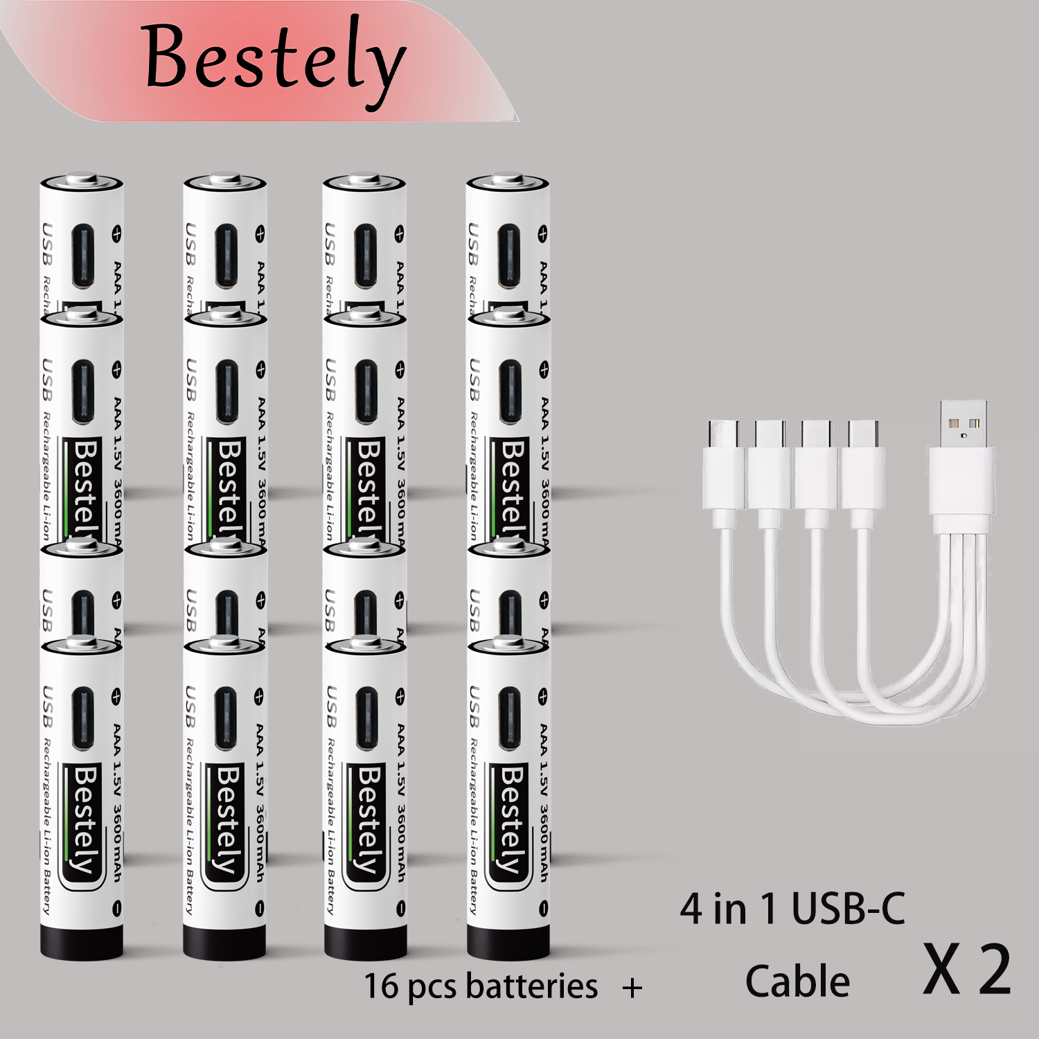 USB-C 1.5v AAA 3600mAh Rechargeable Lithium ion Battery,Rechargeable AAA Li-ion Type-C Battery,2000 times cycle with Cable: Silver