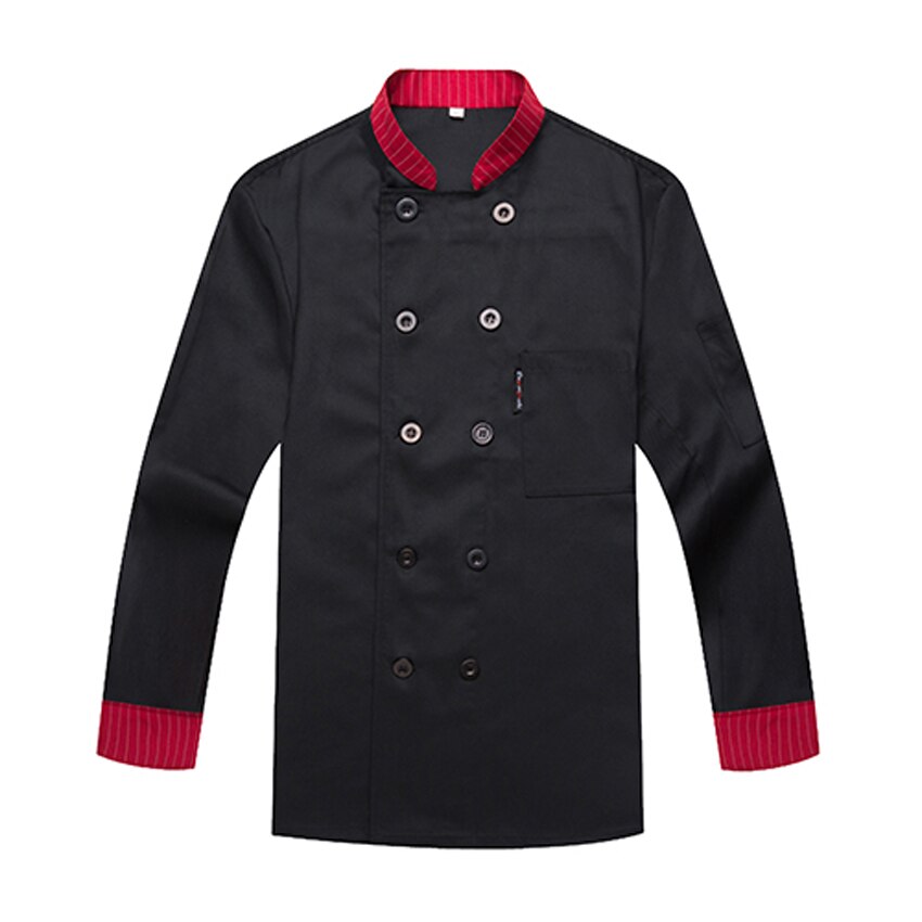Gratis logo tryk sort hvid rød farve ensfarvet kokkefrakke jakke fuldærmet åndbar bageri tjener restaurant uniform