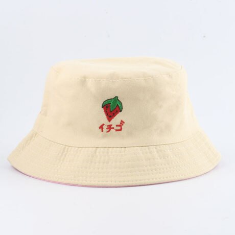 Streetwear panama bucket hattar barn barn utomhus sommar vändbar bucket hatt pojke flicka tecknad fiskehatt: Jordgubbe