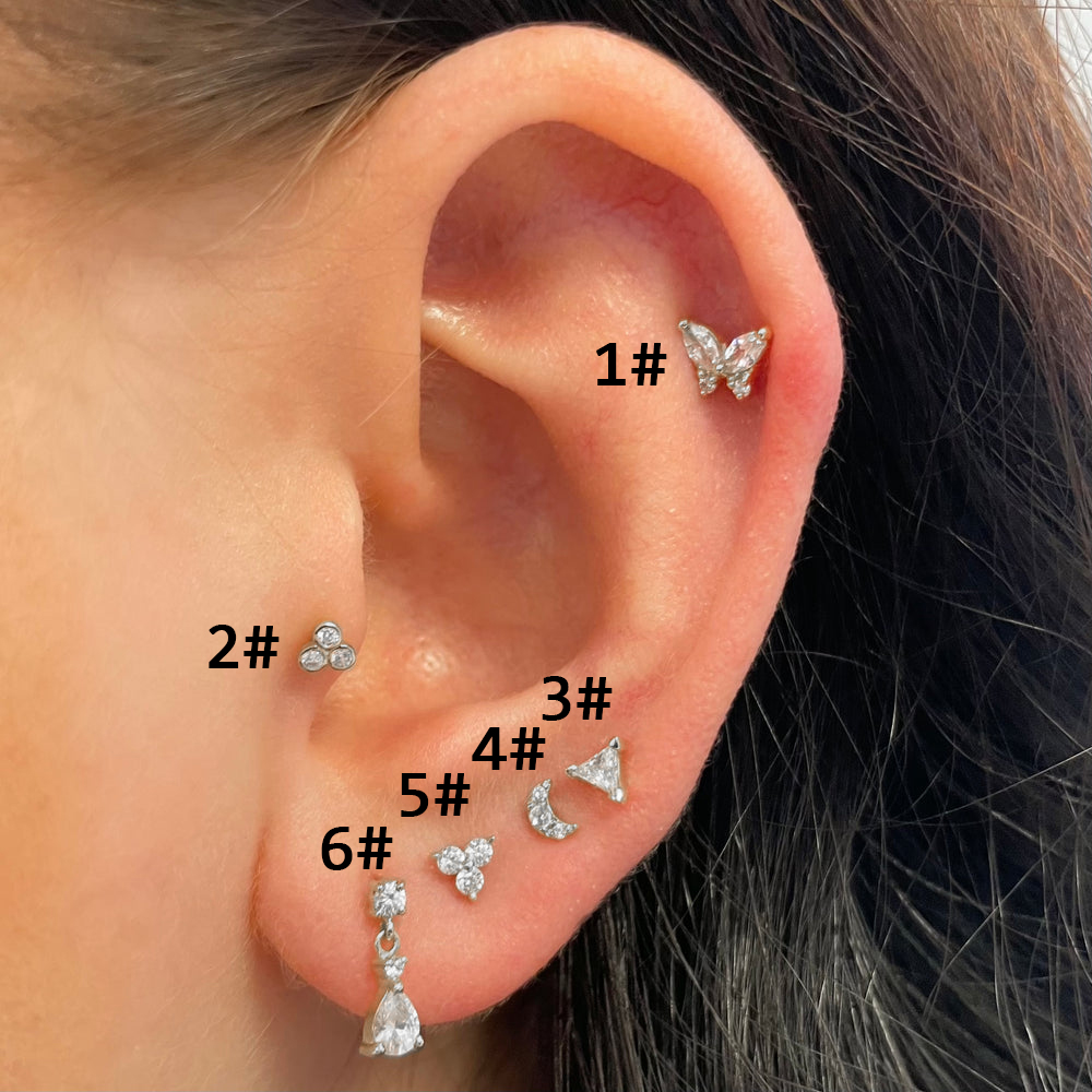 Pendientes de mariposa con Piercing de hélice para mujer, Mini joyería para cartílago de circonita, Piercing Daith Rook Tragus, accesorios para el cuerpo, 1 ud.: Blanco / Chapado en platino