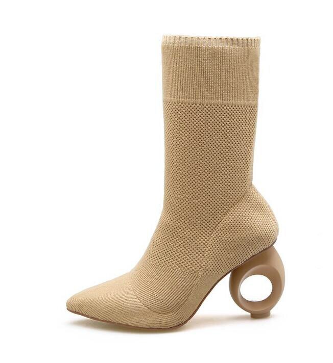 Aneikeh Trendy Stretch Sok Laarzen Enkel Lange Vreemde Fretwork Hakken Puntige Gebreide Laarzen Maat 34-40 Zwart abrikoos: apricot / 4
