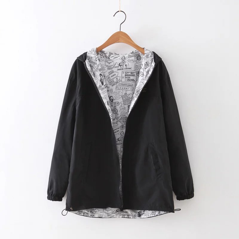 Lente Herfst Vrouwen Jas Coat Pocket Rits Hooded Twee Side Wear Cartoon Print Uitloper Losse Plus Size: Black / L