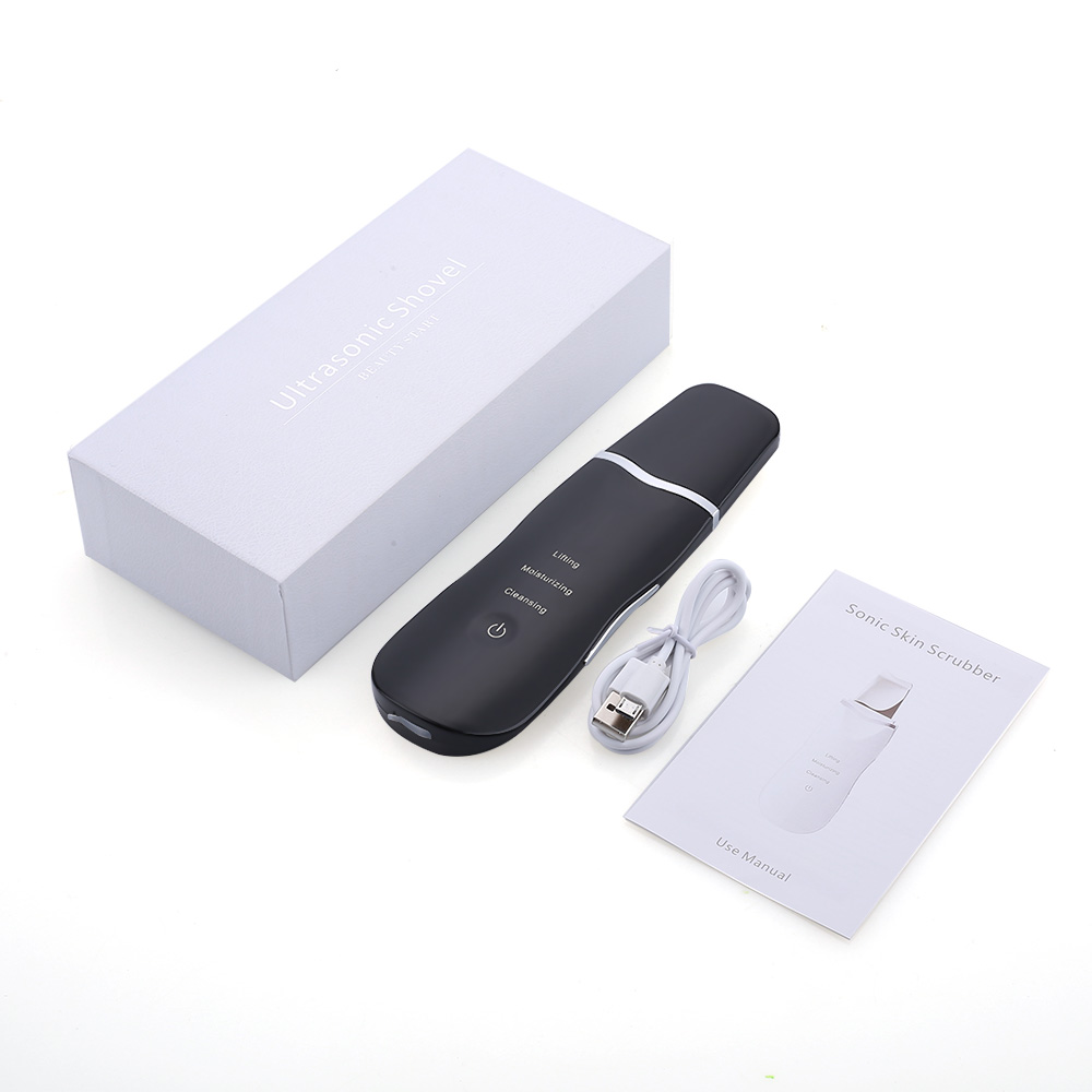 Dropshipping ultra sônico purificador da pele com caixa rosto profundo mais limpo peeling espátula pá levantamento beleza instrumento massageador: With Box Black