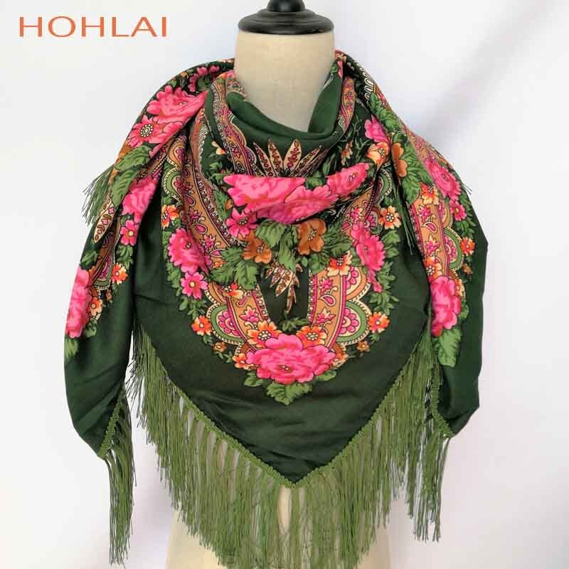 Vrouwen hart bedrukte kwast sjaals, russische grote maten bandana, warme poncho, stola sjaal: Legergroen