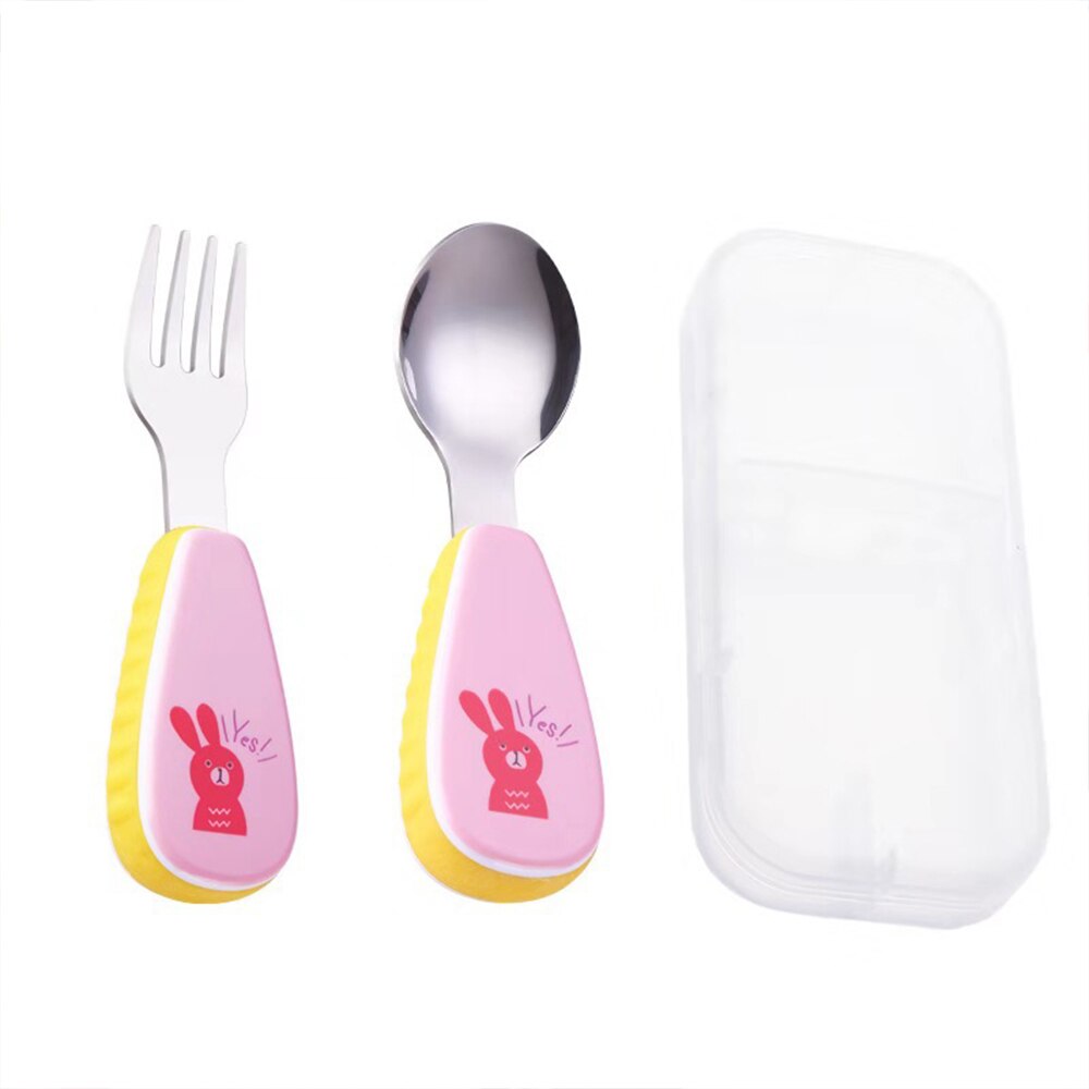 baby Feeding Spoon Fork Set Stainless Steel Toddler Infant Tableware Flatware Kids Cutlery with -Dust Box