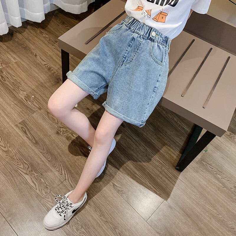 Sommarshorts knälång 4 6 8 10 12 13 år byxor barn korta jeans byxor barn flickor vida ben byxor byxor: 5