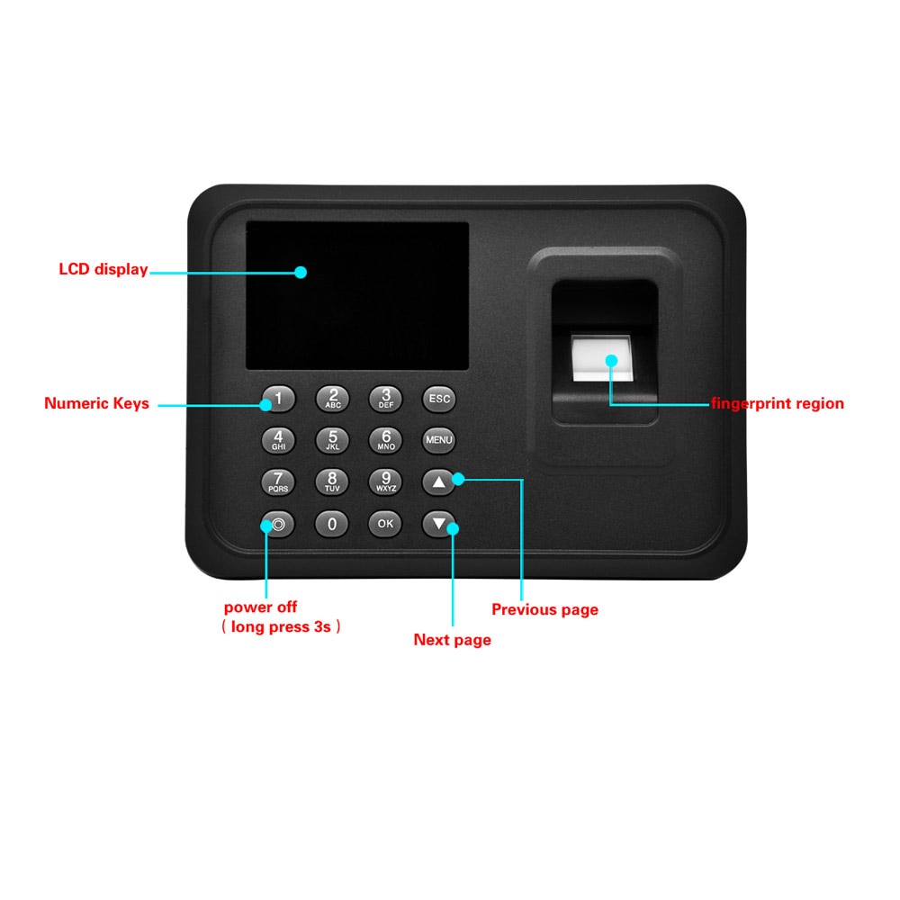 2.4 "tft lcd-scherm usb biometrische vingerafdruk aanwezigheidsmachine  dc 5v/1a tijdklokrecorder medewerker inchecklezer  a6