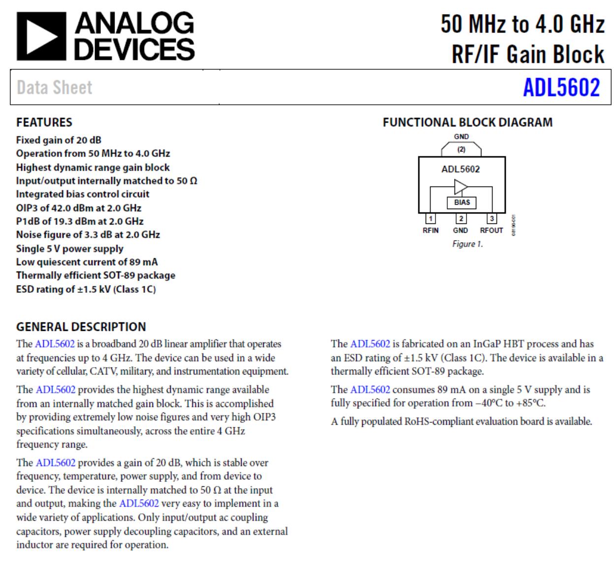 ADL5602 50Mhz to 4Ghz RF Linear amplifier 20dB gain RF POWER amplifier for Ham Radio AMP HF FM VHF UHF