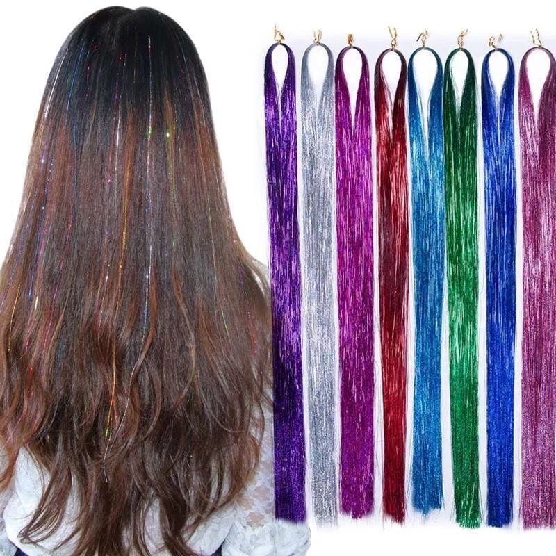 Accessoires de cheveux holographiques, 16 couleurs, 90cm, extension scintillante scintillante, 150 brins