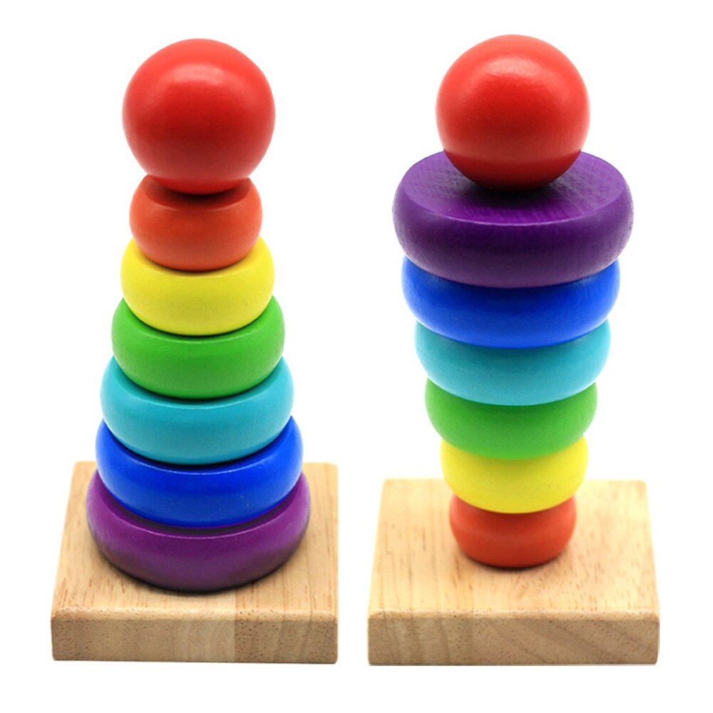 Kids Toddler Puzzle Toy Rainbow Color Wooden Color Number Cognition Ring Tower Stacker