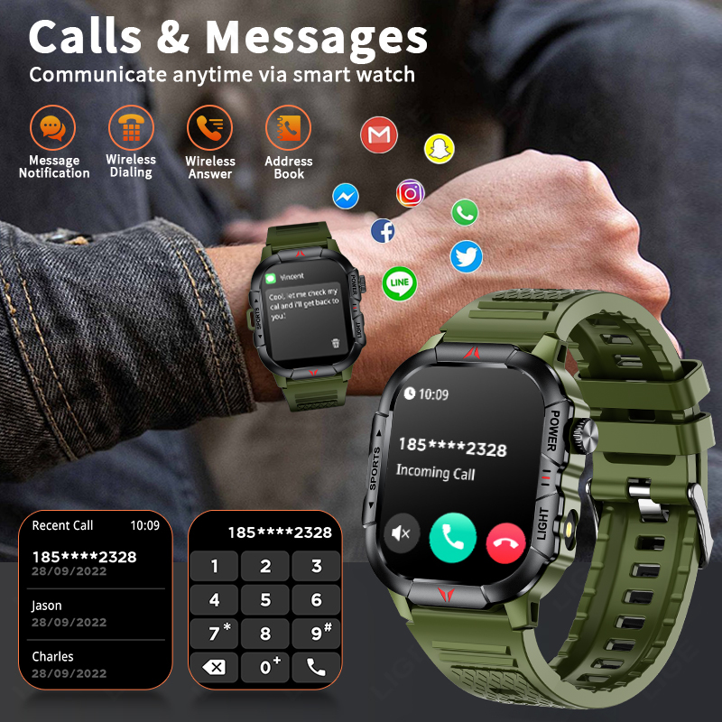 LIGE inteligentny zegarek latarka doprowadziło męskie zegarki wodoodporne 2.01-calowy ekran HD bransoletka zdrowotna wojskowy Smartwatch sportowy na świeżym powietrzu mężczyzna