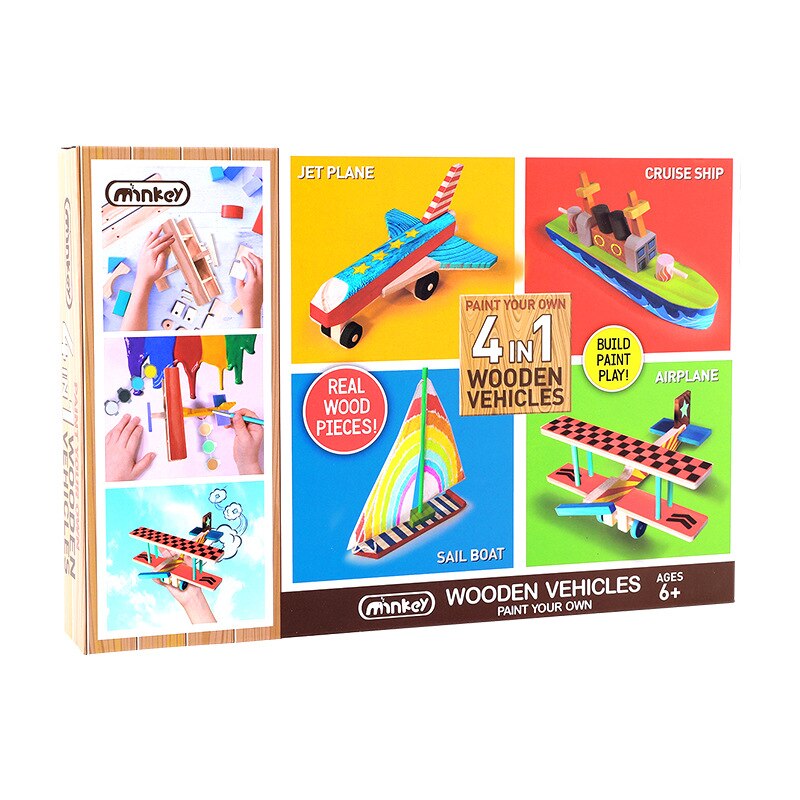 4 in 1 holz fahrzeuge DIY transport kit flugzeug boot kinder puzzle spielzeug montiert graffiti spielzeug handgemachtes für kinder