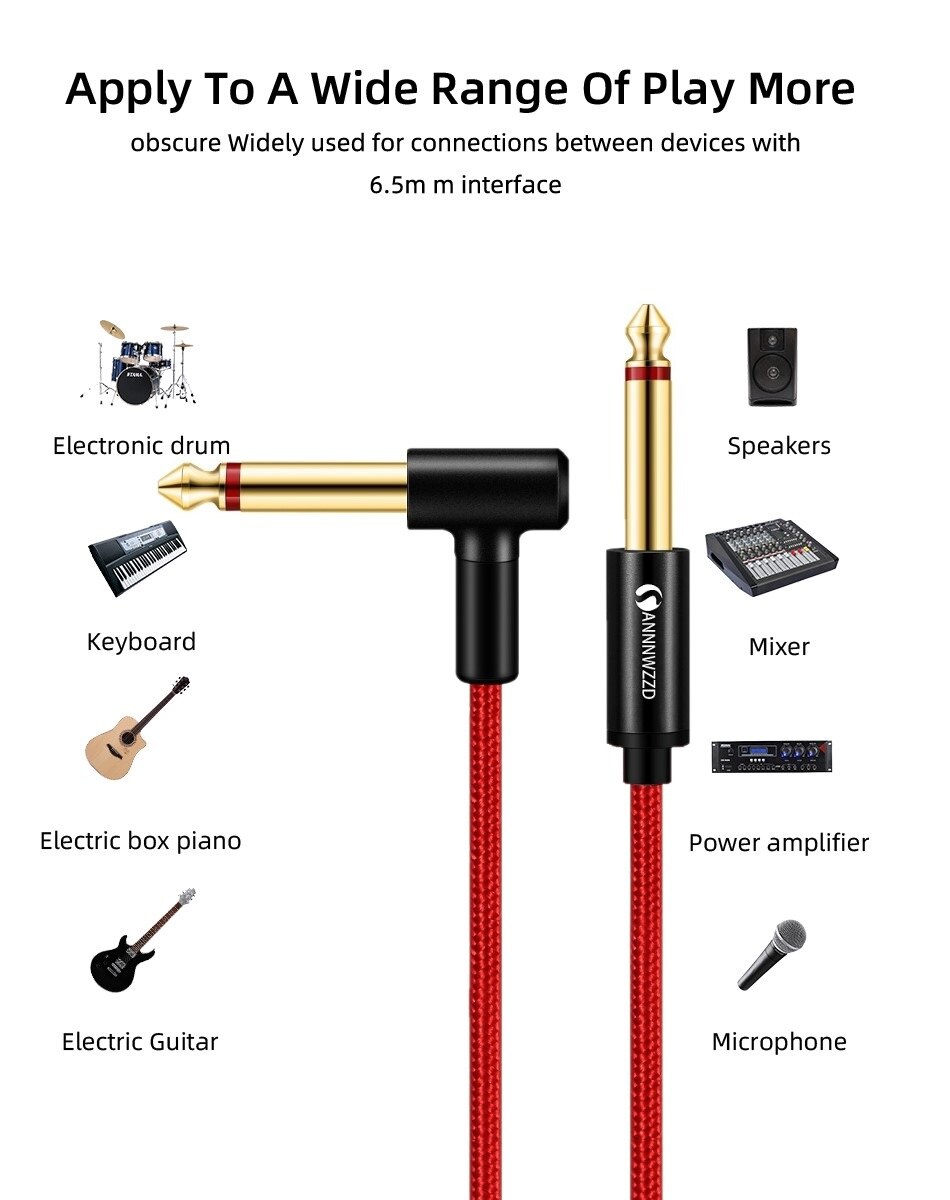 Guitar Lead Cable 6.35mm (1/4") Guitar Instrument Cable for Electric Guitar Bass Keyboard Straight to L Shape Plugs