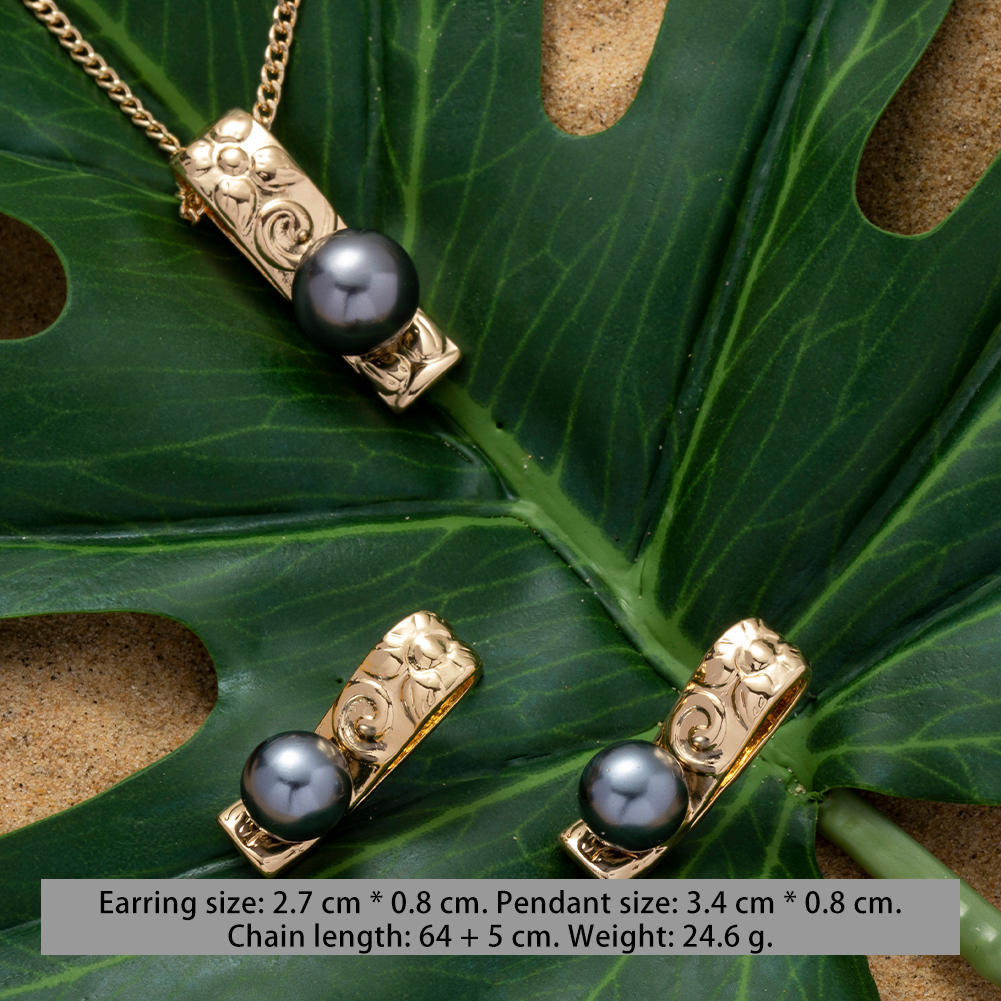 SophiaXuan Hawaiian Jewelry Set Pink Pearl Necklace Polynesian Necklace Samoa Gold Plated Earrings Set for Women