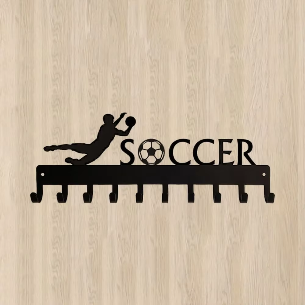 1 perchero para medallas de portero de fútbol con 10 ganchos: colgador de llaves, toallero y perchero de metal para pared. para entusiastas de los deportes.