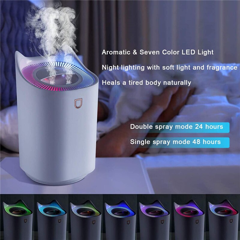 3L USB Double Nozzle Humidifier Aroma Essential Oil Diffuser Ultrasonic Air Humidifier With Colorful Mood Lights