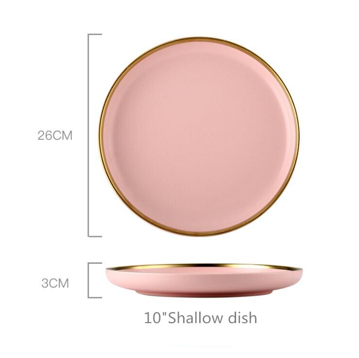 Gilt Rim Pink Porcelain Dinner Plate Set Kitchen Plate Ceramic Tableware Food Dishes Rice Salad Noodles Bowl Mug Cutlery Set 1pc: 10 inch Shallow dish