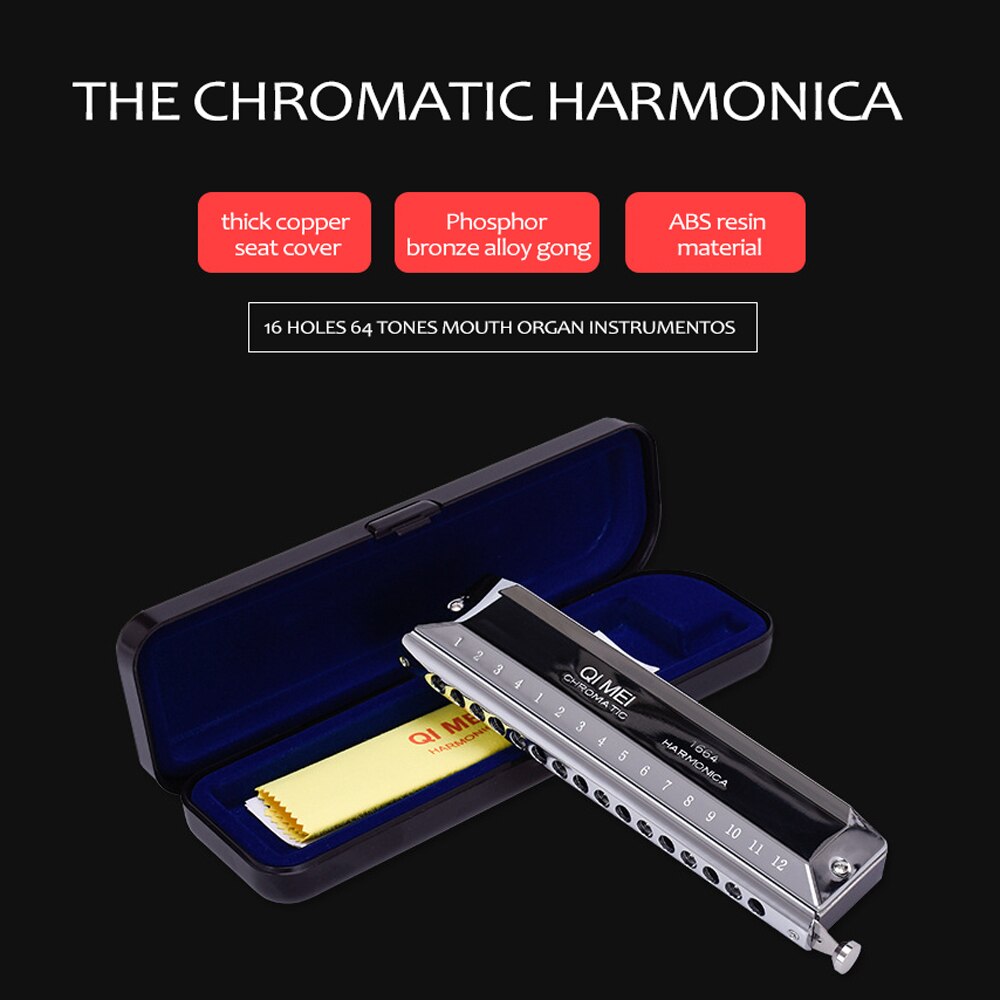 Qimei Chromatic Harmonica 16 Holes 64 Tones Mouth Organ Instrumentos Key C Chromatic Harp Musical Instruments