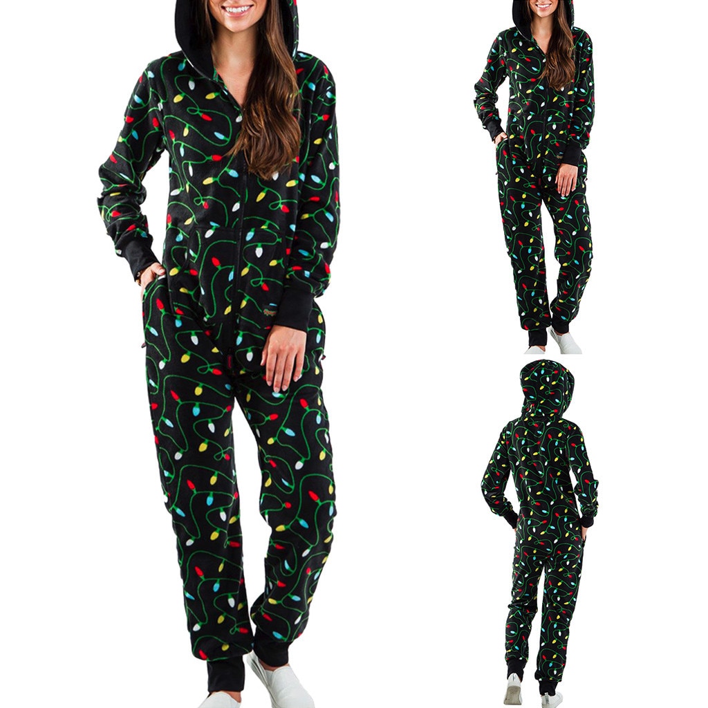 Kvinder langærmet søvntøj hættetøj juleprint pyjamas nattøj jumpsuit nattøj пижама пижамы ночнушка