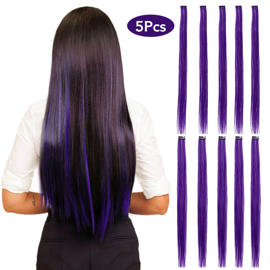 Lange Rechte Haar 5 Stuks/set Gekleurde Highlight Synthetische Hair Extensions Clip-In Een Stuk Pure Kleur 24 Inch: Purple